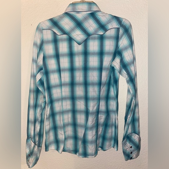 Roper Turquoise Striped Button Down, Yoked Pearl Snap Ladies Shirt,Size Medium - Picture 6 of 12